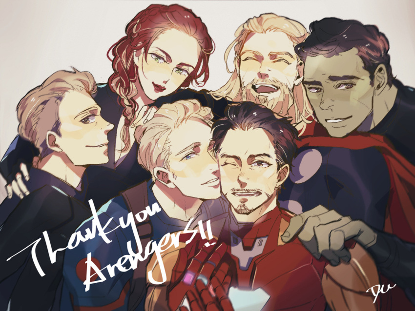 1girl 5boys arc_reactor armor avengers:_endgame avengers_(series) beard black_armor black_bodysuit black_gloves black_hair black_shirt black_widow blonde_hair blue_bodysuit blue_eyes blush bodysuit braid breasts brown_eyes cape captain_america clint_barton closed_eyes closed_mouth colored_skin crossed_legs english_text facial_hair fingerless_gloves fingernails from_side full_armor gloves gradient_hair green_eyes green_skin grey_background hair_ornament hand_on_another's_head hand_on_another's_shoulder hand_up hands_up hawkeye_(marvel) hulk iron_man light_brown_hair lips long_hair looking_at_viewer makeup marvel marvel_cinematic_universe medium_breasts minihardee multicolored_armor multicolored_hair multiple_boys natasha_romanoff one_eye_closed open_mouth power_armor purple_shirt red_armor red_cape red_lips redhead shirt short_hair simple_background sitting smile standing steve_rogers teeth thor_(marvel) tongue tony_stark yellow_armor