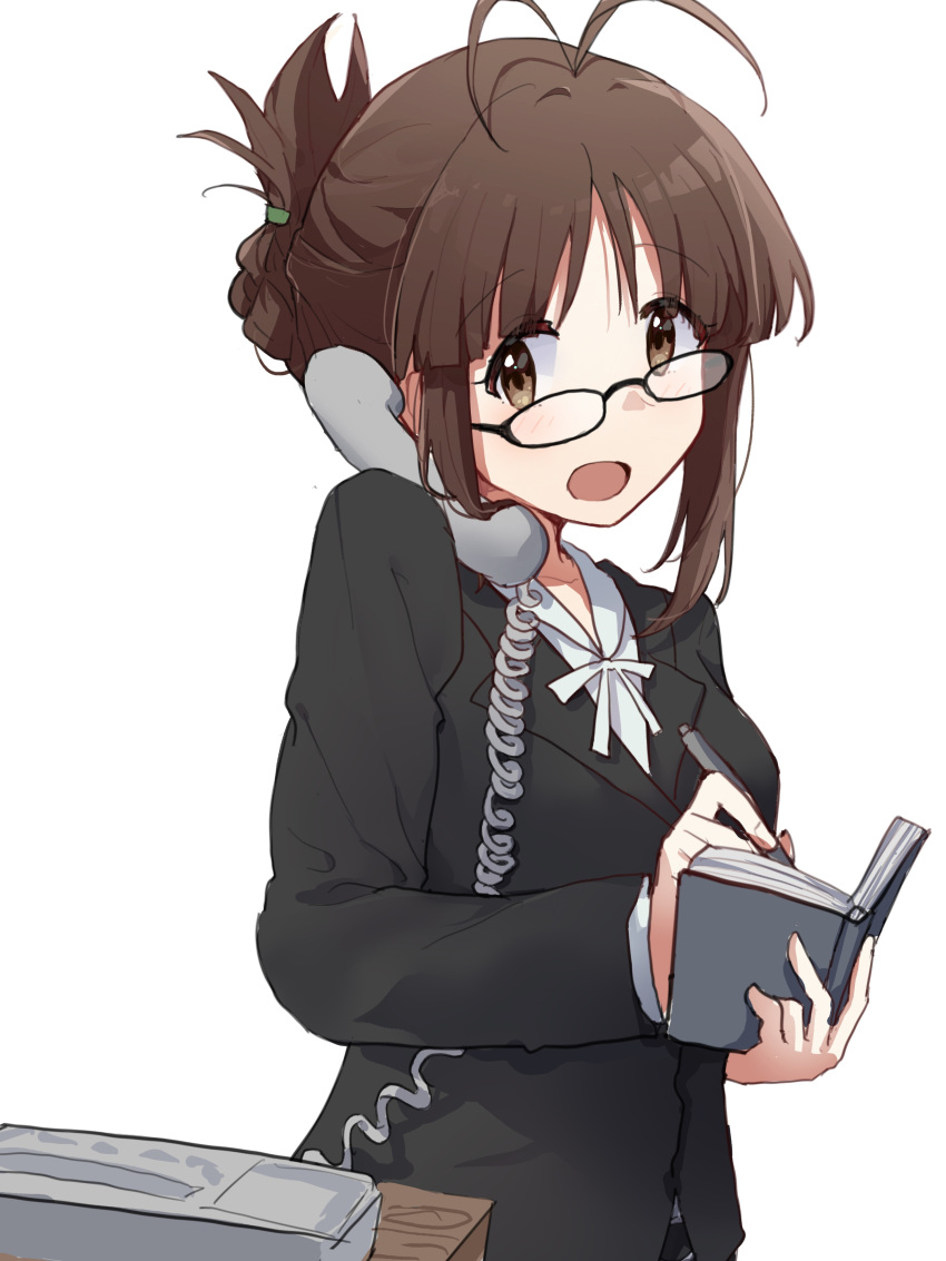 1girl absurdres akizuki_ritsuko antenna_hair black-framed_eyewear black_jacket blush breasts brown_eyes brown_hair folded_ponytail formal glasses highres holding holding_notebook holding_pen idolmaster idolmaster_(classic) idolmaster_million_live! idolmaster_million_live!_theater_days jacket large_breasts long_sleeves looking_at_viewer neck_ribbon nnnn notebook open_mouth pen ribbon shirt simple_background smile solo talking_on_phone white_background white_ribbon white_shirt