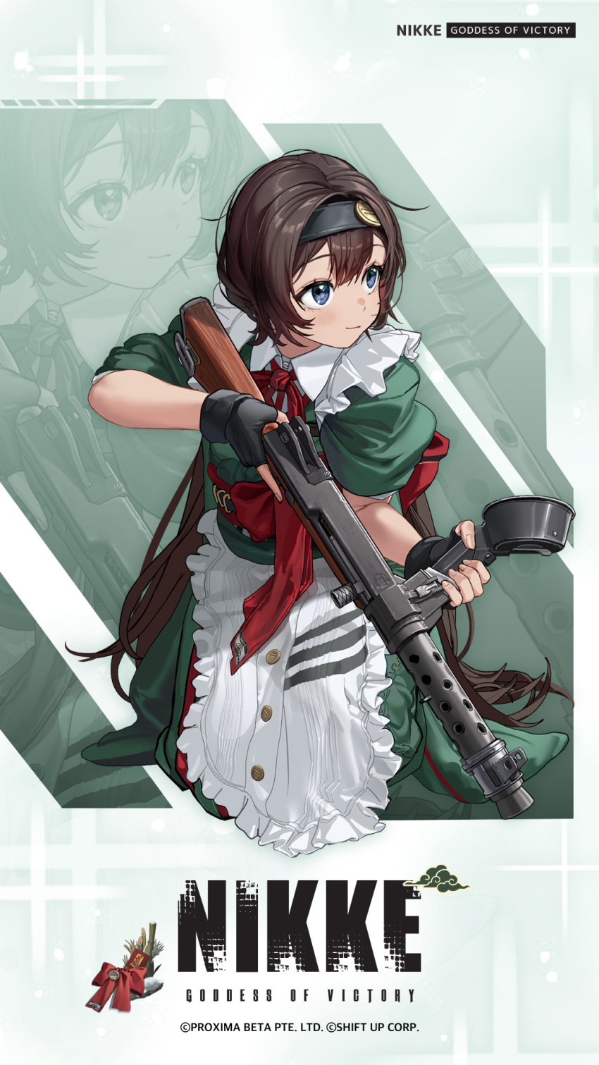 1girl alternate_costume apron artist_request black_gloves black_hairband blue_eyes brown_hair closed_mouth commentary copyright_name double-parted_bangs dress english_commentary fingerless_gloves frilled_apron frills gloves goddess_of_victory:_nikke green_dress gun hair_between_eyes hairband highres holding holding_gun holding_weapon kneeling long_hair looking_up low_twintails maid_apron mica_(nikke) official_art sleeves_rolled_up smile solo twintails weapon weapon_request white_apron zoom_layer