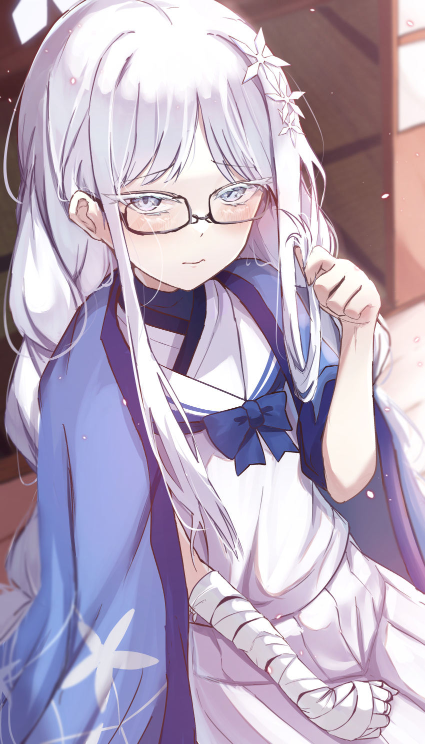1girl absurdres bandaged_arm bandages bespectacled black-framed_eyewear blue_archive blush closed_mouth colored_eyelashes glasses grey_eyes grey_hair hair_ornament halo haori highres japanese_clothes long_hair looking_at_viewer nagusa_(blue_archive) pleated_skirt sailor_collar skirt solo white_sailor_collar white_skirt wimawi