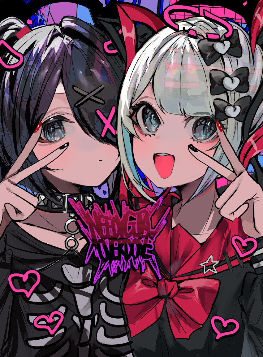 2girls :d absurdres alternate_costume ame-chan_(needy_girl_overdose) black_bow black_collar black_eyes black_hair black_nails black_shirt blunt_bangs bow chouzetsusaikawa_tenshi-chan chouzetsusaikawa_tenshi-chan_(dark_angel) closed_mouth collar collared_shirt copyright_name dark_persona drawn_halo dual_persona hair_bow hair_ornament hair_over_one_eye halo hand_up hashtag_only_commentary heart highres long_hair long_sleeves looking_at_viewer momae_makku multicolored_nails multiple_girls multiple_hair_bows nail_polish needy_girl_overdose official_alternate_color open_mouth pink_halo quad_tails red_bow red_nails red_sailor_collar redhead sailor_collar shirt skeleton_print smile twintails upper_body v_over_eye white_hair x_hair_ornament