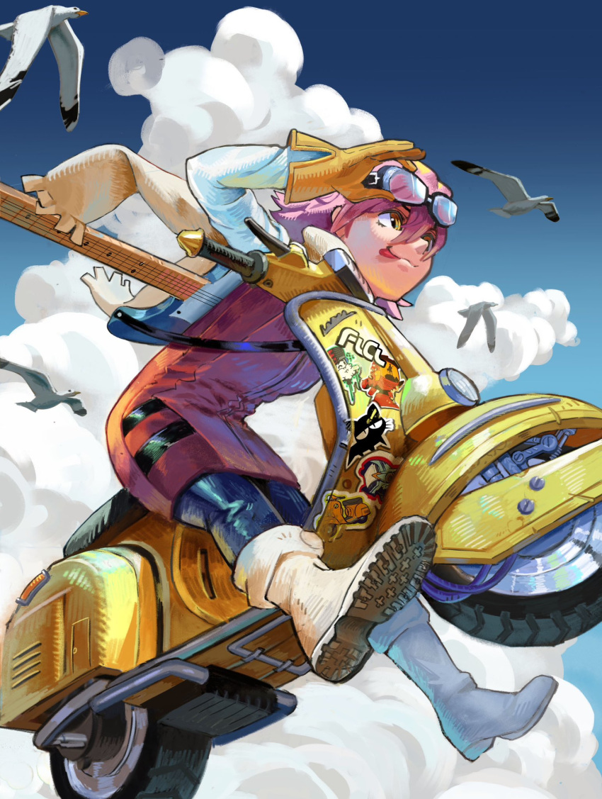 bird blue_sky boots calilo canti cat clouds flcl goggles goggles_on_head green_eyes guitar haruhara_haruko highres instrument motor_vehicle nandaba_naota pink_hair robot scooter seagull short_hair sky sticker takkun_(flcl) tongue tongue_out vespa white_footwear