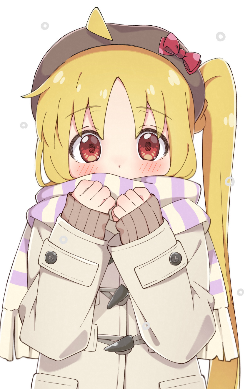 1girl absurdres ahoge alternate_costume blonde_hair blush bocchi_the_rock! brown_coat choppy_bangs coat commentary_request covering_mouth detached_ahoge hands_up highres ijichi_nijika looking_at_viewer mimori_(mimori_05) parted_bangs purple_scarf red_eyes scarf side_ponytail simple_background solo upper_body white_background white_stripes winter_clothes winter_coat