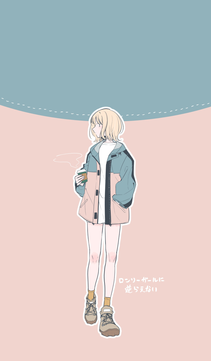 1girl absurdres bare_legs blonde_hair blue_background blue_jacket brown_footwear closed_mouth commentary_request copyright_name cup disposable_cup full_body hand_in_pocket highres holding holding_cup honda_sora hood hood_down hooded_jacket jacket kashikaze lonely_girl_ni_sakaraenai long_sleeves open_clothes open_jacket orange_socks outline pink_background shirt short_hair shorts socks solo standing steam translated two-tone_background white_outline white_shirt white_shorts