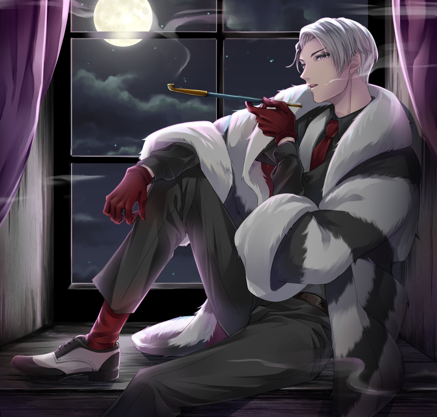 1boy absurdres black_coat black_footwear black_hair black_pants black_shirt black_vest clouds coat collared_shirt commentary_request curtains divus_crewel dress_shirt eyeshadow full_moon fur_coat gloves grey_eyes hand_up highres holding holding_smoking_pipe indoors knee_up kurosuke-s long_sleeves looking_at_viewer looking_to_the_side makeup male_focus moon multicolored_hair necktie night night_sky open_clothes open_coat open_mouth pants red_gloves red_necktie red_socks shirt shoes short_hair sitting sky smoke smoking smoking_pipe socks solo split-color_hair star_(sky) teeth twisted_wonderland two-tone_footwear two-tone_hair two-tone_vest upper_teeth_only vest white_coat white_footwear white_hair white_vest window windowsill wing_collar