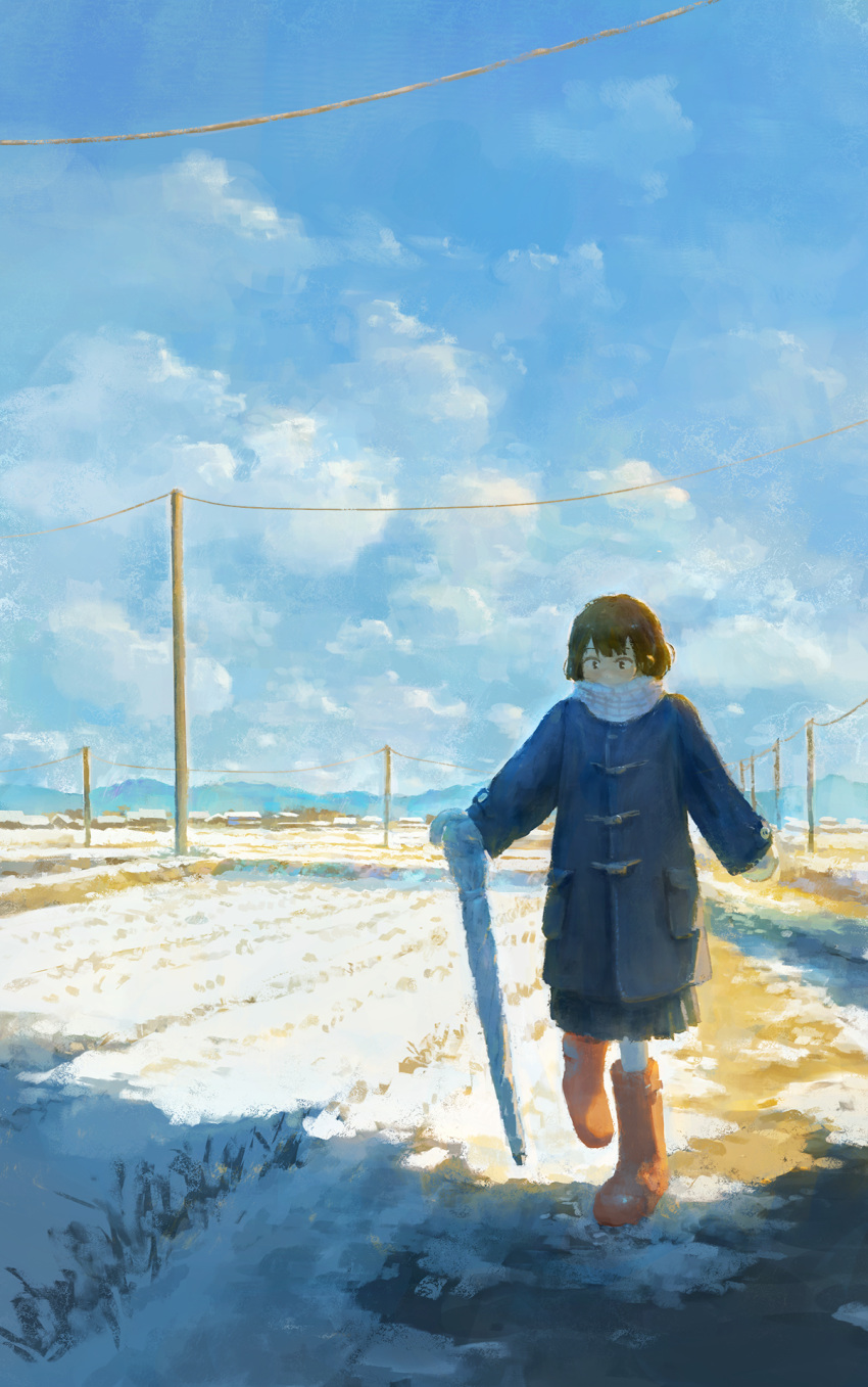 1girl blue_coat blue_skirt blue_sky brown_hair clouds coat day fjsmu highres holding holding_umbrella original outdoors power_lines red_footwear skirt sky solo umbrella utility_pole winter winter_clothes winter_coat