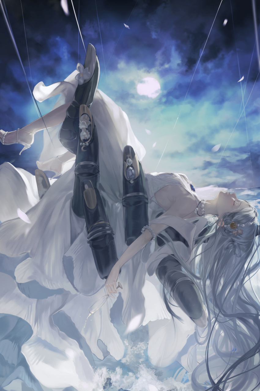 1girl absurdres armlet armpits azur_lane bare_shoulders blue_hair breasts brooch champagne_(adulation_eternal)_(azur_lane) champagne_(azur_lane) champagne_flute closed_eyes clouds cloudy_sky cup dress drinking_glass earrings falling_petals feet full_moon high_heels highres holding holding_cup jewelry long_hair lying moon necklace night night_sky on_back pearl_necklace petals sky small_breasts solo tanxing_jiu toes very_long_hair wedding_dress white_dress white_footwear