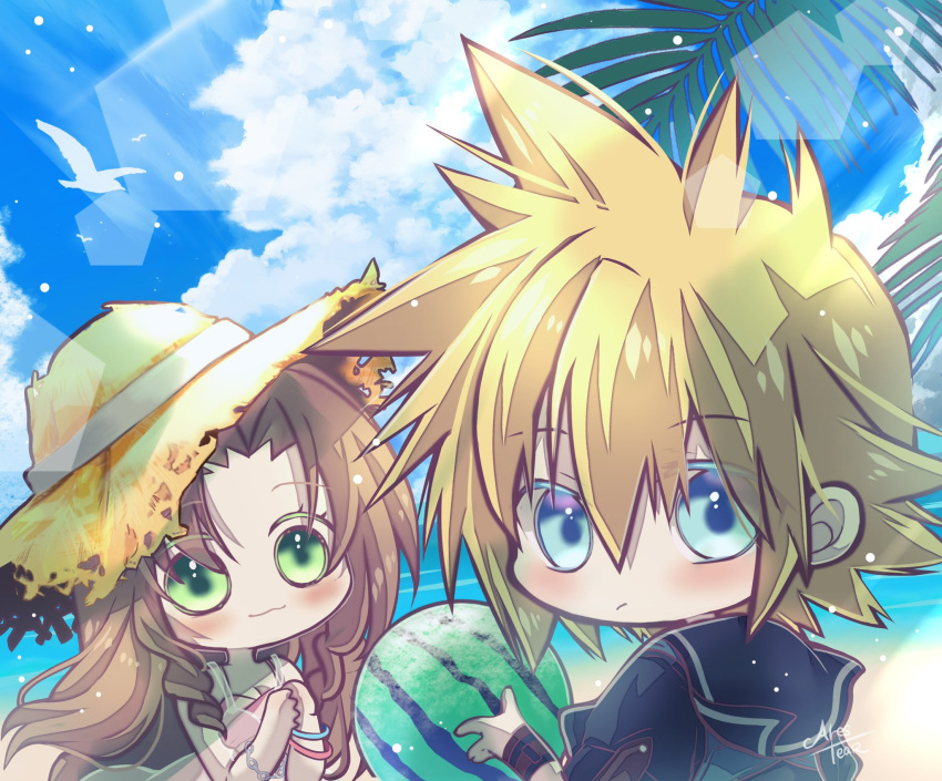 1boy 1girl :3 aerith_gainsborough arestear0701 beach bikini bird black_sailor_collar blonde_hair blue_eyes blush bracelet brown_hair chibi cloud_strife final_fantasy final_fantasy_vii final_fantasy_vii_ever_crisis food fruit green_eyes hair_between_eyes hat highres holding holding_food holding_fruit jewelry lace long_hair looking_at_viewer ocean official_alternate_costume outdoors own_hands_clasped own_hands_together palm_tree parted_bangs pink_bikini sailor_collar short_hair sidelocks spiky_hair straw_hat swimsuit tree upper_body watermelon wavy_hair wristband