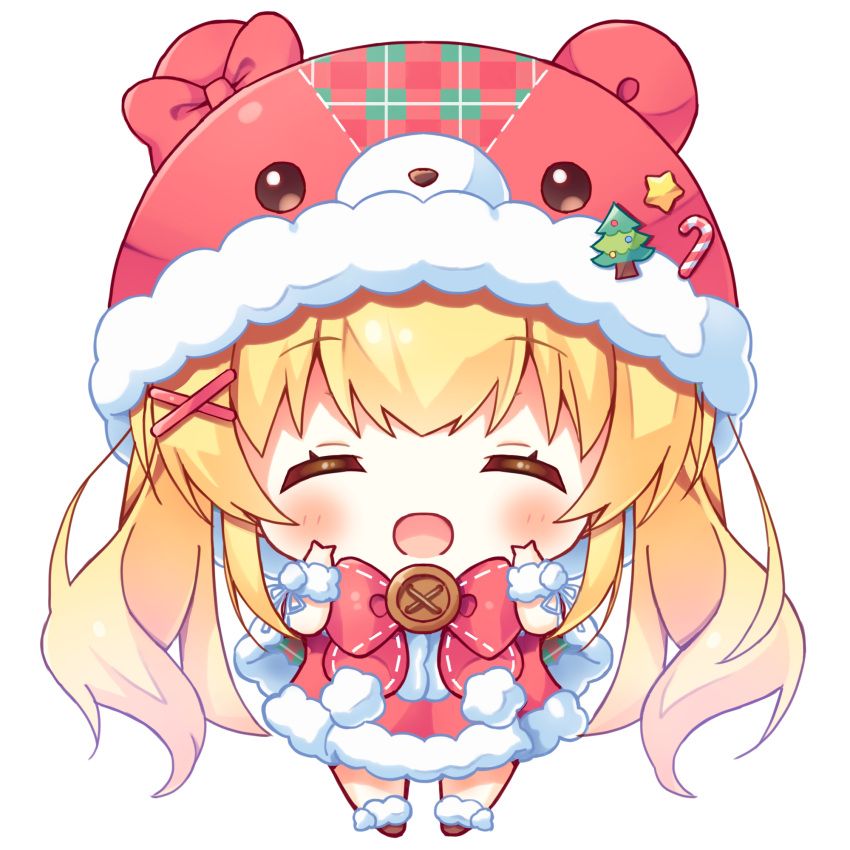 1girl ^_^ animal_ears bear_ears blonde_hair blush bow buttons chibi closed_eyes commentary_request double_v facing_viewer hair_between_eyes hair_ornament hands_up haruchimo hat_ornament highres hood hood_up long_hair open_mouth pom_pom_(clothes) red_bow santa_costume sidelocks simple_background smile solo star_(symbol) star_hat_ornament summer_pockets tsumugi_wenders twintails v white_background white_wrist_cuffs x_hair_ornament