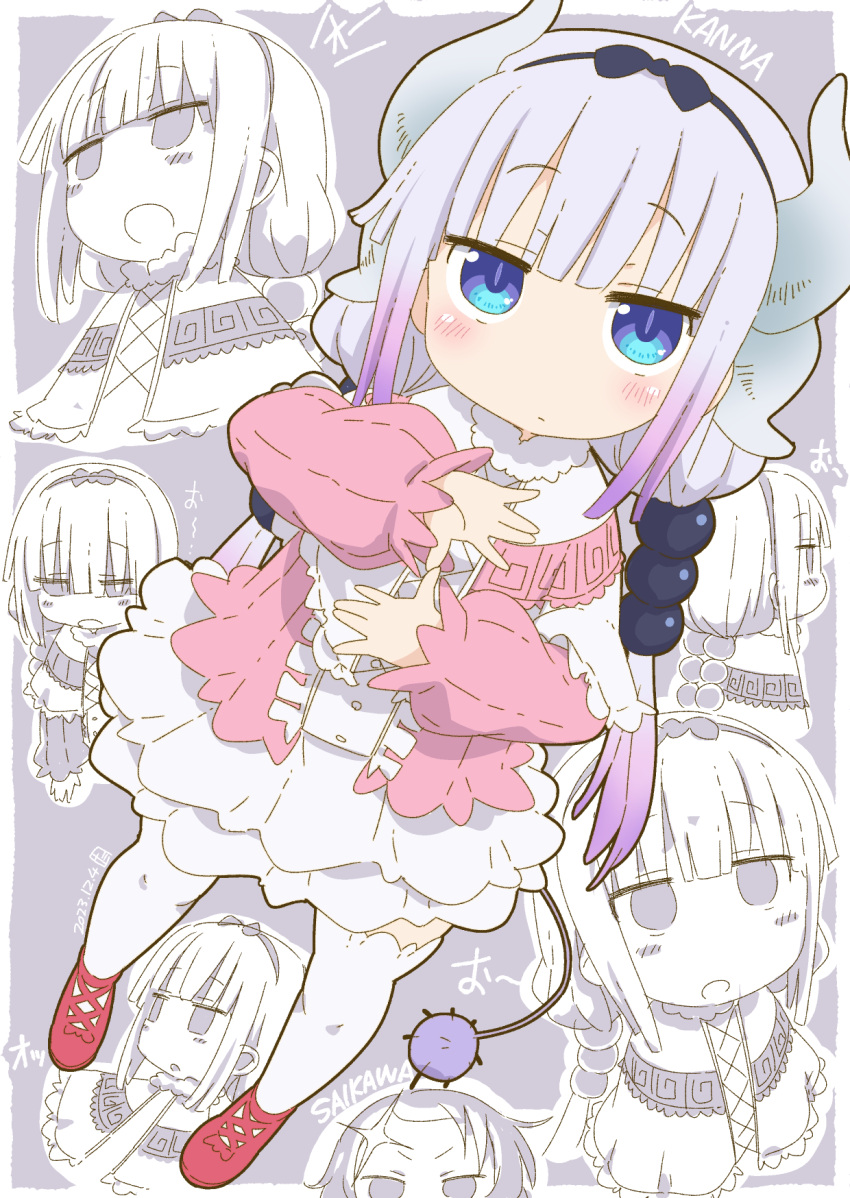1girl beads black_bow black_hairband blue_eyes blush bow bow_hairband closed_mouth commentary_request dragon_girl dragon_horns dragon_tail dress full_body gradient_hair hair_beads hair_bow hair_ornament hairband highres horns kanna_kamui kobayashi-san_chi_no_maidragon long_hair long_sleeves looking_at_viewer multicolored_hair multiple_views open_mouth pink_dress puffy_long_sleeves puffy_sleeves purple_hair red_footwear samansa_ex shoes tail thigh-highs twintails white_thighhighs