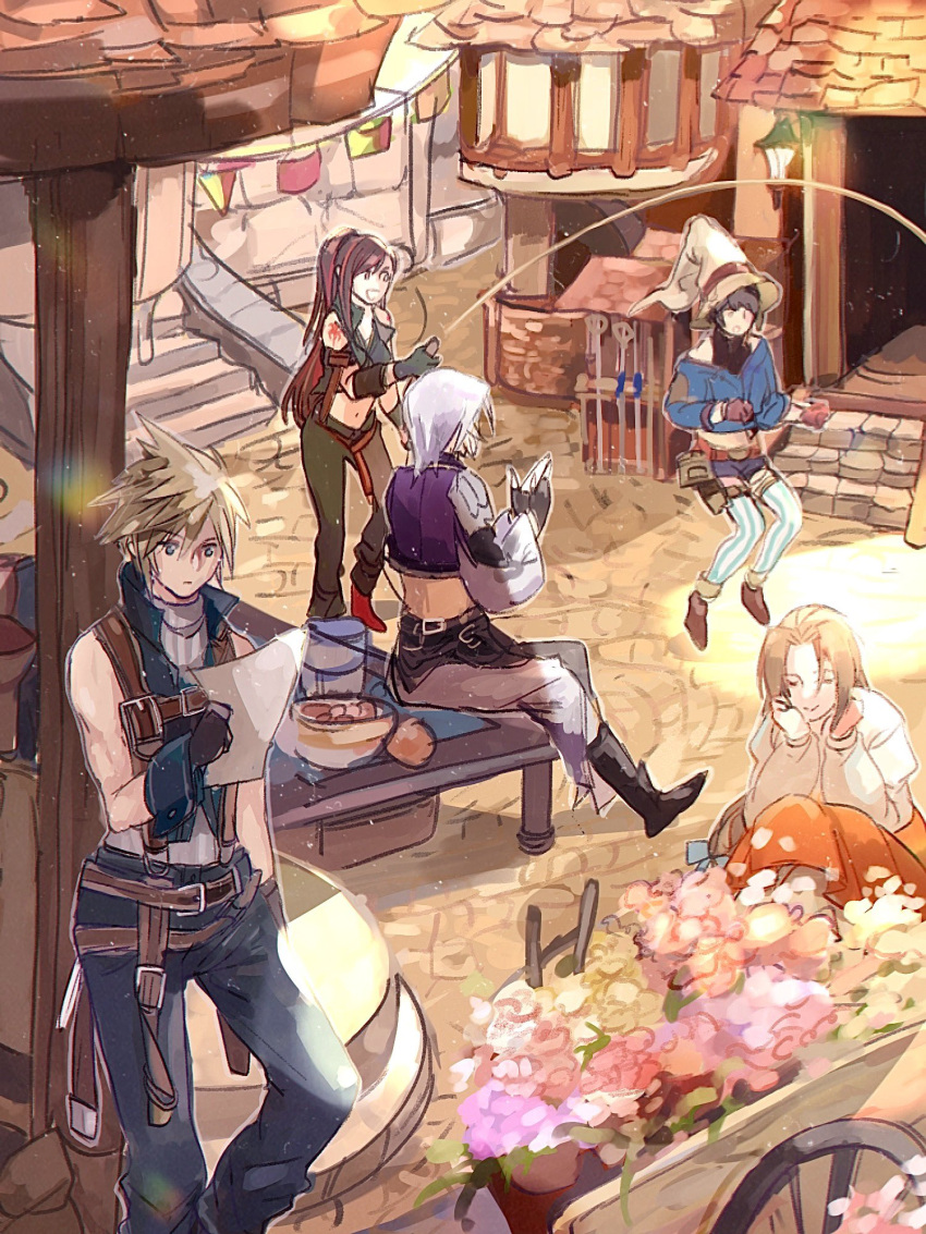 2boys 3girls aerith_gainsborough arm_belt bare_shoulders black_footwear black_gloves black_hair black_shirt blonde_hair blue_coat blue_pants blue_vest bombyxmori_ckr boots brown_hair closed_eyes cloud_strife coat cosplay cropped_jacket crossover dreadlocks dress feet_out_of_frame final_fantasy final_fantasy_ix final_fantasy_vii final_fantasy_vii_ever_crisis flower garnet_til_alexandros_xvii garnet_til_alexandros_xvii_(cosplay) gloves green_pants green_vest grey_hair grey_pants halter_shirt halterneck hat head_on_hand highres holding holding_paper jump_rope jumping kuja kuja_(cosplay) leaning long_sleeves lucia_lin midriff multicolored_hair multiple_boys multiple_girls navel off-shoulder_coat off_shoulder official_alternate_costume open_mouth orange_dress pants paper popped_collar puffy_long_sleeves puffy_sleeves purple_vest redhead salamander_coral salamander_coral_(cosplay) sephiroth shirt shoulder_tattoo sitting sleeveless sleeveless_turtleneck smile squatting standing streaked_hair striped striped_thighhighs sweater tattoo thigh-highs tifa_lockhart town turtleneck vest vivi_ornitier vivi_ornitier_(cosplay) wagon white_shirt white_sweater wizard_hat wrist_cuffs zidane_tribal zidane_tribal_(cosplay)