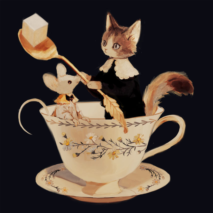 animal animal_focus black_background black_shirt brown_eyes cat closed_mouth collar commentary_request cup english_commentary flower frilled_shirt_collar frills from_side gold_spoon grey_eyes highres holding holding_spoon in_container in_cup leaf_spoon looking_at_another mini_person minimized mouse no_humans original porcelain saucer shirt simple_background spoon sugar_cube teacup three_quarter_view tono_(rt0no) white_collar white_flower yellow_collar yellow_flower