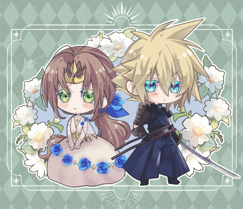 1boy 1girl aerith_gainsborough aqua_eyes arestear0701 armor black_footwear black_gloves blonde_hair blue_eyes blue_flower blue_ribbon blue_rose bridal_gauntlets brown_hair chibi cloud_strife dress dress_flower final_fantasy final_fantasy_vii final_fantasy_vii_ever_crisis final_fantasy_vii_remake floral_background flower furrowed_brow gloves gold_trim green_background green_eyes hair_between_eyes hair_flower hair_ornament hair_ribbon hakama highres holding holding_sword holding_weapon japanese_armor japanese_clothes katana long_dress official_alternate_costume own_hands_together parted_bangs ponytail ribbon rose see-through see-through_sleeves short_hair shoulder_armor smile spiky_hair standing sword tiara v_arms weapon white_dress white_flower white_sleeves