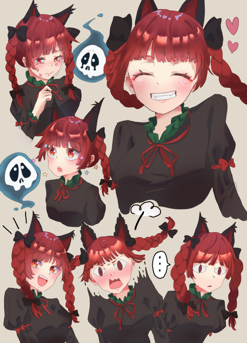 &lt;|&gt;_&lt;|&gt; ... 1girl :o animal_ears black_bow black_shirt blush bow braid cat_ears closed_eyes cropped_torso crying crying_with_eyes_open fangs flinch floating_skull frilled_shirt_collar frills grey_background grin hair_bow hair_ribbon happy heart highres juliet_sleeves kaenbyou_rin long_sleeves medium_hair multiple_views neck_ribbon notice_lines puff_of_air puffy_sleeves red_bow red_eyes red_ribbon redhead ribbon sad shi_ppo_no shirt simple_background skull sleeve_bow smile spoken_ellipsis star_(symbol) surprised tears touhou tress_ribbon twin_braids unamused wavy_mouth