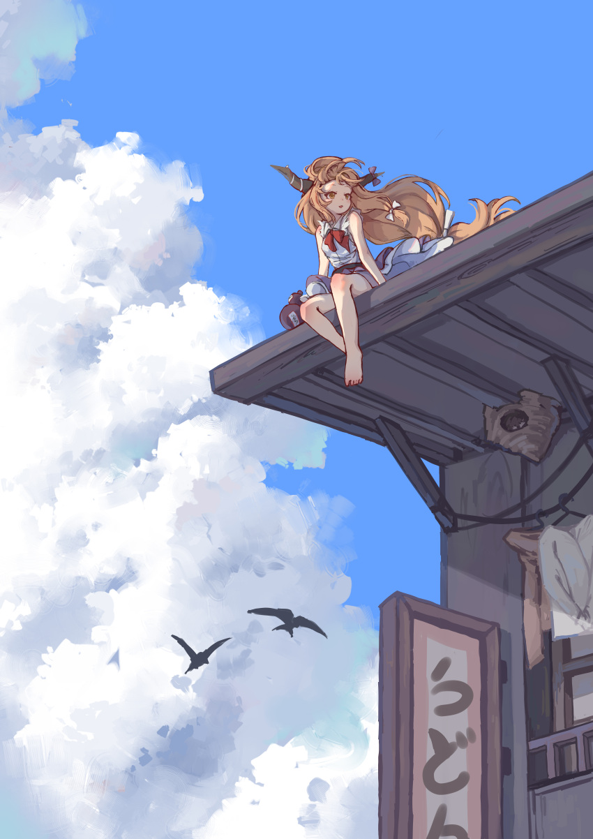 1girl absurdres animal barefoot bird breasts clouds cloudy_sky day gourd highres horns ibuki_suika long_hair oni_horns open_mouth orange_eyes orange_hair outdoors purple_skirt rangque_(user_vjjs4748) shirt sitting skirt sky small_breasts solo torn_clothes torn_sleeves touhou very_long_hair white_shirt