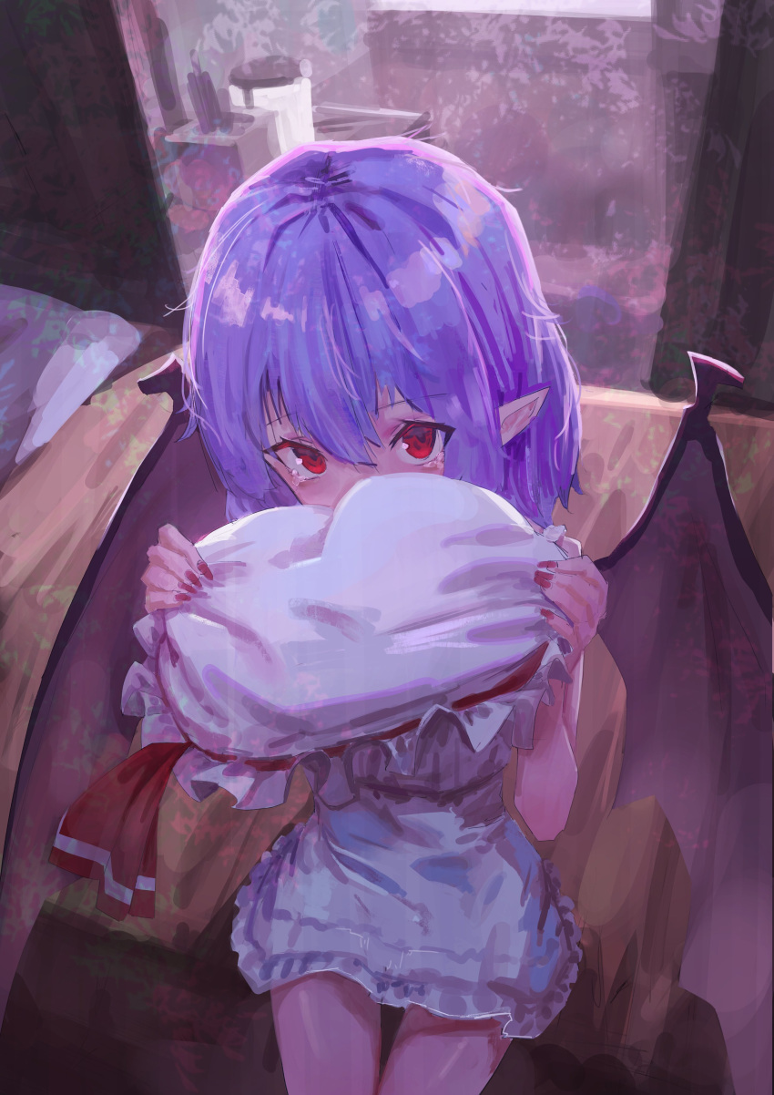 1girl absurdres bat_wings dress hat highres holding holding_clothes holding_hat looking_at_viewer mob_cap nepperoni pointy_ears purple_hair red_eyes red_nails remilia_scarlet short_hair sitting solo touhou white_dress white_headwear wings