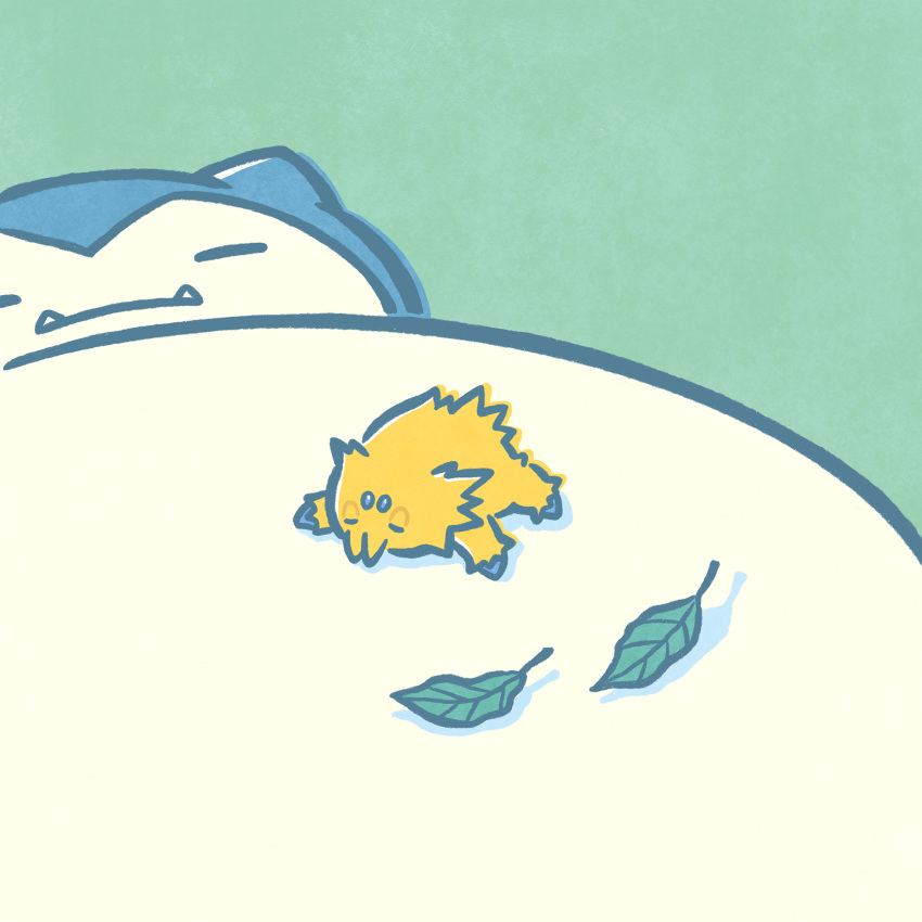 bug closed_eyes commentary_request green_background highres joltik leaf lying_on_another momo_irone no_humans official_art pokemon pokemon_(creature) simple_background sleeping snorlax