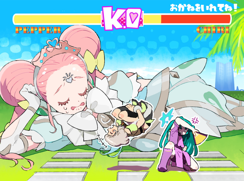 3girls anger_vein blue_dress blue_sky bow brown_hair character_name closed_eyes commentary_request crying day double_bun dress elbow_gloves forehead_jewel gameplay_mechanics giant gloves grass green_hair hair_bow hair_bun hand_on_own_face head_rest health_bar idol_clothes idol_land_pripara lying midair moudoku_(decopon3rd) multiple_girls on_one_knee on_side open_mouth outdoors outline pororo_(pripara) pretty_series pripara short_hair sky spinning taiyo_pepper tiara tsukikawa_chili white_bow white_gloves white_outline yellow_bow
