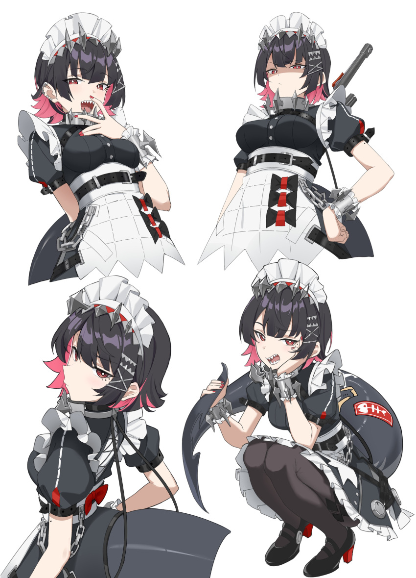 1girl absurdres black_dress black_hair black_pantyhose bow dress highres looking_at_viewer looking_back looking_down maid multiple_views original pantyhose red_bow red_eyes red_nails sharp_teeth short_hair solo tamago_(eva1314056) teeth unconventional_maid white_background