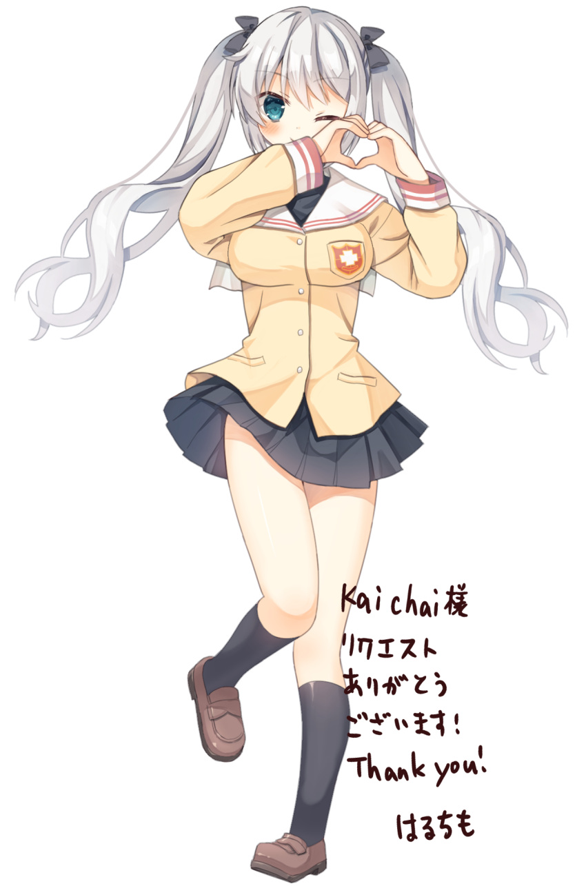 1girl ;) aqua_eyes black_bow black_skirt black_socks blush bow breasts brown_footwear clannad closed_mouth commentary_request commission floating_hair full_body grey_hair hair_between_eyes hair_bow hands_up happy haruchimo heart heart_hands highres hikarizaka_private_high_school_uniform impossible_clothes jacket kneehighs knees_together_feet_apart loafers long_hair long_sleeves looking_at_viewer medium_breasts miniskirt one_eye_closed original pleated_skirt sailor_collar school_uniform serafuku shoes signature simple_background skirt smile socks solo standing standing_on_one_leg twintails white_background white_sailor_collar wind wind_lift yellow_jacket