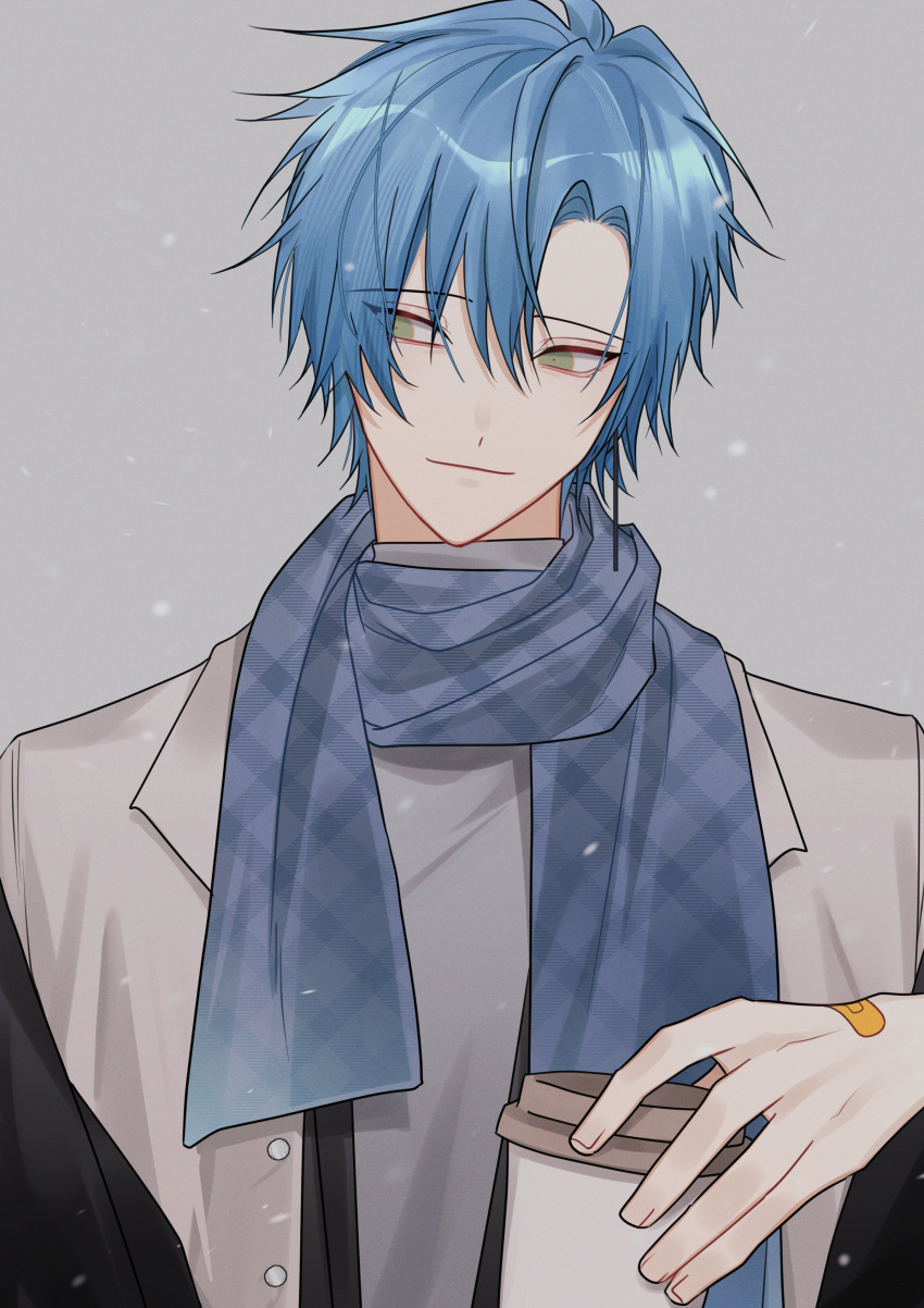 1boy absurdres bandaid bandaid_on_hand blue_hair blue_scarf closed_mouth coffee_cup collared_jacket cup disposable_cup green_eyes grey_background grey_jacket grey_shirt hair_between_eyes head_tilt highres holding holding_cup holostars holostars_english jacket looking_to_the_side male_focus moyyyya multicolored_clothes multicolored_jacket open_clothes open_jacket parted_bangs regis_altare scarf shirt snow snowing solo turtleneck upper_body virtual_youtuber winter_clothes