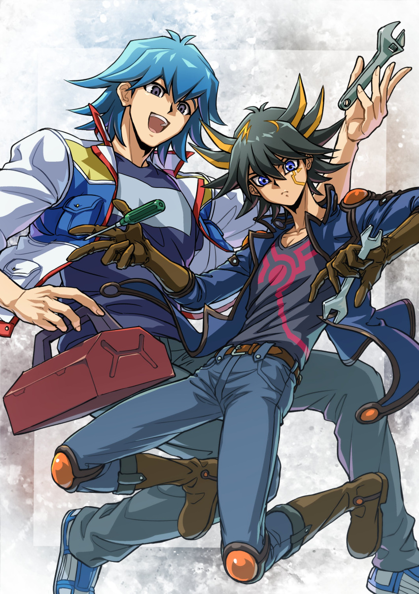 2boys absurdres belt black_hair black_shirt blue_eyes blue_hair blue_jacket blue_shirt boots box brown_footwear brown_gloves bruno_(yu-gi-oh!) denim expressionless facial_mark facial_tattoo fudou_yuusei gloves grey_background grey_eyes happy high_collar highres holding holding_box holding_screwdriver holding_tool holding_wrench jacket jeans jumping knee_pads leather_belt male_focus marking_on_cheek multicolored_hair multiple_boys open_clothes open_jacket open_mouth pants screwdriver shirt shoes short_hair shoulder_pads sleeves_rolled_up smile sneakers spiky_hair streaked_hair tattoo toolbox tools white_footwear wrench youko-shima yu-gi-oh! yu-gi-oh!_5d's