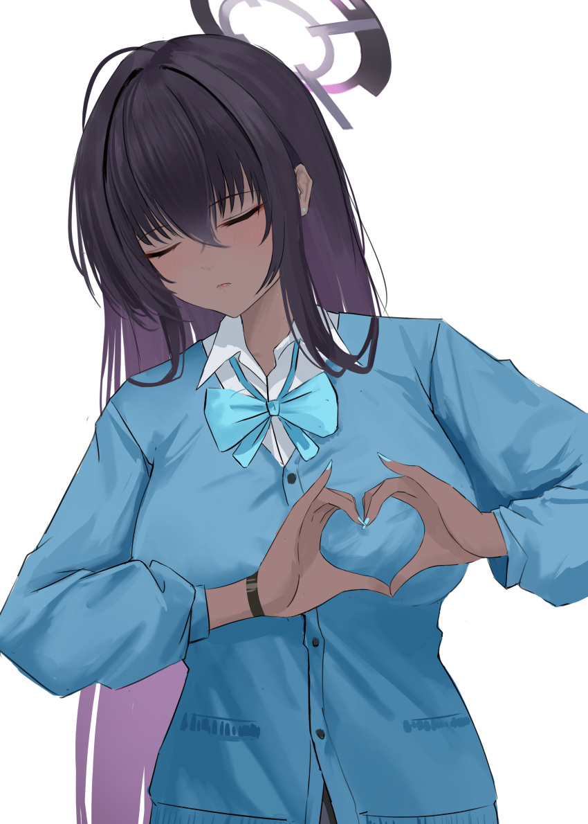 1girl absurdres black_hair blue_archive blue_bow blue_bowtie blue_sweater bow bowtie breasts closed_eyes closed_mouth collared_shirt facing_viewer halo heart heart-shaped_boob_challenge heart_hands highres karin_(blue_archive) large_breasts long_hair long_sleeves school_uniform shirt smitcuk solo sweater upper_body very_long_hair white_background white_shirt