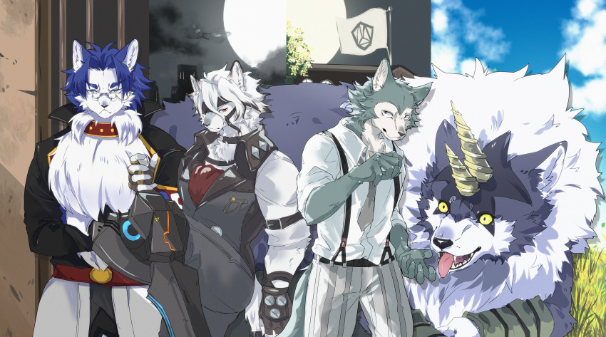 4boys absurdres ao_gravity ascot beastars black_vest blue_sky clouds commentary_request crossed_arms fangs flag full_moon furry furry_male grass highres horns legoshi looking_at_another looking_at_viewer male_focus maou-jou_de_oyasumi moon multiple_boys night night_sky open_mouth prosthesis prosthetic_leg ranga_(tensei_shitara_slime_datta_ken) red_ascot red_siberian-kai round_eyewear shirt sky suspenders tensei_shitara_slime_datta_ken tongue tongue_out vest von_lycaon white_shirt wolf wolf_boy zenless_zone_zero