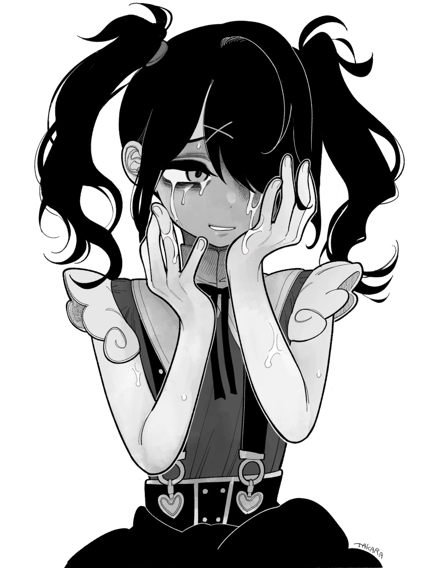 1girl absurdres ame-chan_(needy_girl_overdose) artist_name bags_under_eyes collared_shirt commentary_request crying crying_with_eyes_open greyscale hair_ornament hair_over_one_eye hair_tie hands_on_own_face hands_up highres long_hair looking_to_the_side monochrome neck_ribbon needy_girl_overdose open_mouth ribbon sad_smile shirt shirt_tucked_in simple_background skirt smile solo suspender_skirt suspenders takara_toji tears twintails white_background x_hair_ornament