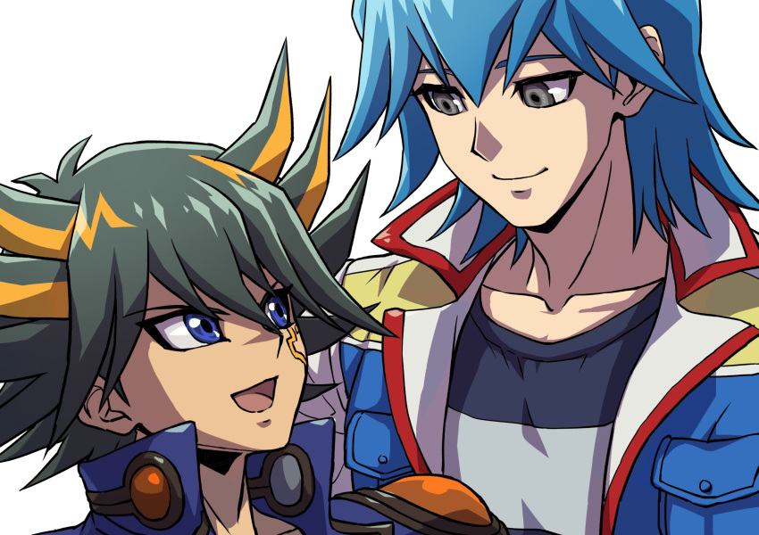2boys black_hair black_shirt blue_eyes blue_hair blue_jacket bruno_(yu-gi-oh!) collarbone commentary_request facial_tattoo fudou_yuusei grey_eyes high_collar highres jacket looking_at_another male_focus multicolored_hair multiple_boys open_clothes open_jacket open_mouth shirt short_hair simple_background smile spiky_hair streaked_hair t-shirt tattoo upper_body white_background youko-shima yu-gi-oh! yu-gi-oh!_5d's