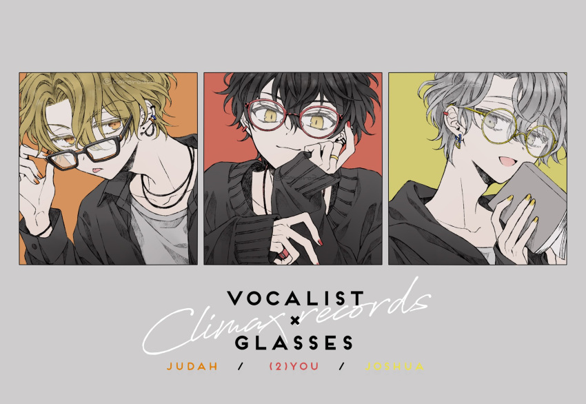 2you 3boys black_hair blonde_hair closed_mouth colored_eyelashes cororoan dear_vocalist earrings glasses grey_background grey_eyes grey_hair highres jewelry joshua_(dear_vocalist) judah_(dear_vocalist) looking_at_viewer multiple_boys multiple_earrings orange_background orange_eyes orange_nails red_background red_nails yellow_background yellow_eyes yellow_nails