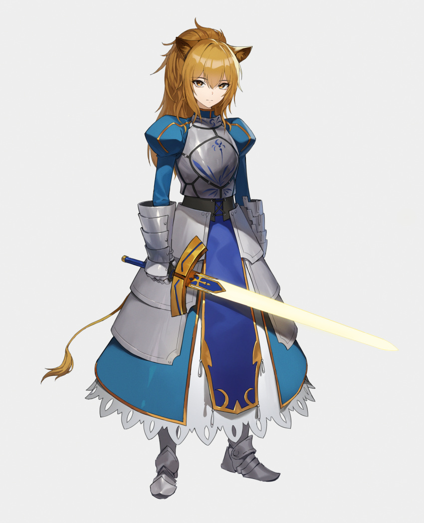 1girl absurdres animal_ears arknights armor armored_dress artoria_pendragon_(fate) blue_dress brown_hair commentary cosplay dress fate/stay_night fate_(series) full_body highres holding holding_sword holding_weapon jason_kim juliet_sleeves kawasumi_ayako lion_ears lion_girl lion_tail long_sleeves looking_at_viewer plate_armor ponytail puffy_sleeves saber_(fate) saber_(fate)_(cosplay) sidelocks siege_(arknights) simple_background solo sword tail weapon white_background
