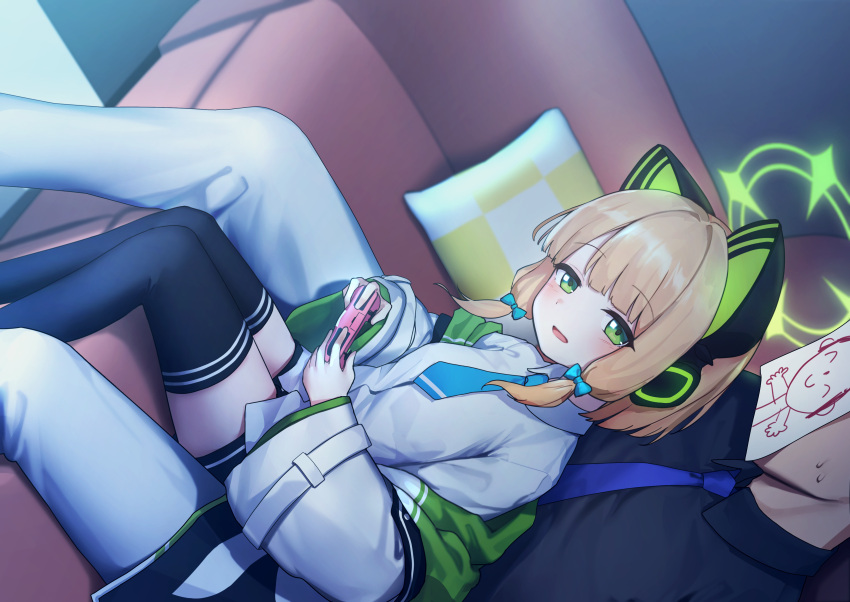 1boy 1girl absurdres animal_ear_headphones animal_ears arona's_sensei_doodle_(blue_archive) black_thighhighs blonde_hair blue_archive blue_bow blue_necktie blush bow collared_shirt controller couch fake_animal_ears game_controller green_eyes green_halo hair_bow halo headphones highres holding holding_controller holding_game_controller indoors jacket long_sleeves looking_at_viewer midori_(blue_archive) miramu_(ramu450471) necktie open_mouth pants playing_games sensei_(blue_archive) shirt short_hair sitting sitting_between_lap smile thigh-highs white_jacket white_pants white_shirt wide_sleeves