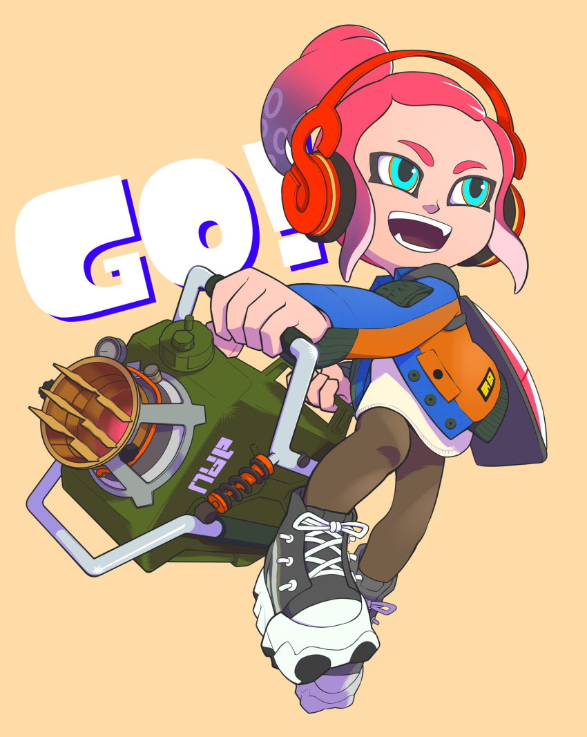 1boy black_footwear blue_eyes blue_shirt brown_pants buttons commentary_request english_text explosher_(splatoon) headphones highres holding holding_weapon ink_tank_(splatoon) inkling inkling_boy open_mouth orange_shirt pants redhead shirt shoes simple_background solo splatoon_(series) splatoon_3 teeth two-tone_footwear two-tone_shirt weapon white_footwear white_shirt xdies_ds yellow_background