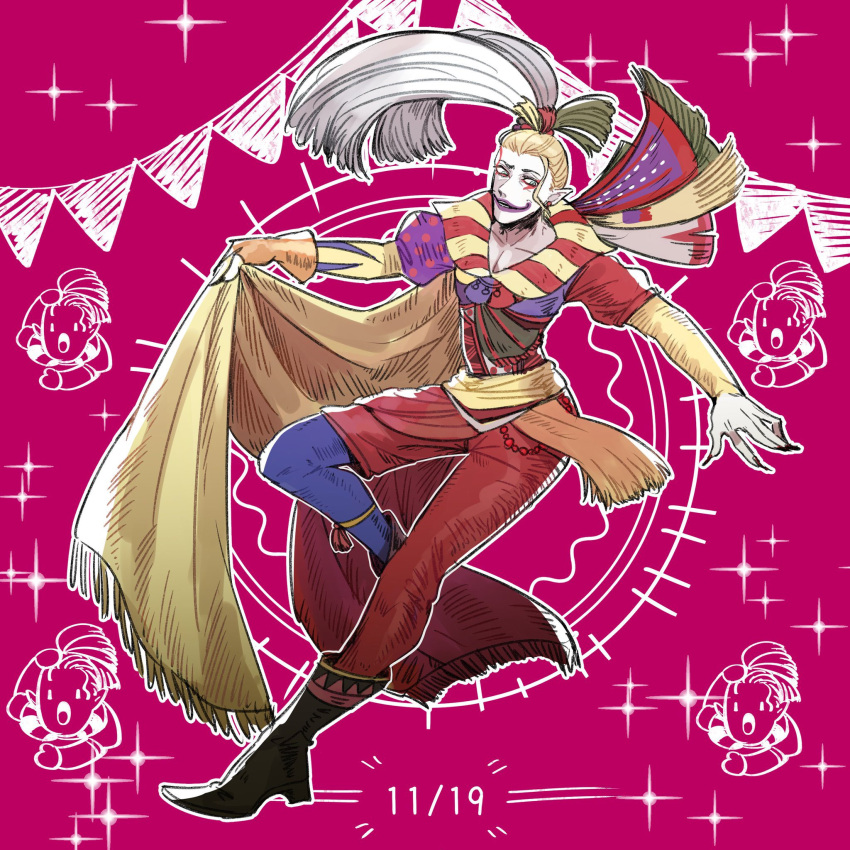 1boy black_footwear blonde_hair boots cape colored_skin dated facepaint final_fantasy final_fantasy_vi fingernails gloves hair_pulled_back happy_birthday highres kefka_palazzo male_focus multicolored_clothes nnnmmg0725 panties pink_background pointy_ears puffy_short_sleeves puffy_sleeves red_panties sharp_fingernails short_sleeves single_glove solo sparkle underwear waist_sash white_skin yellow_cape yellow_sleeves