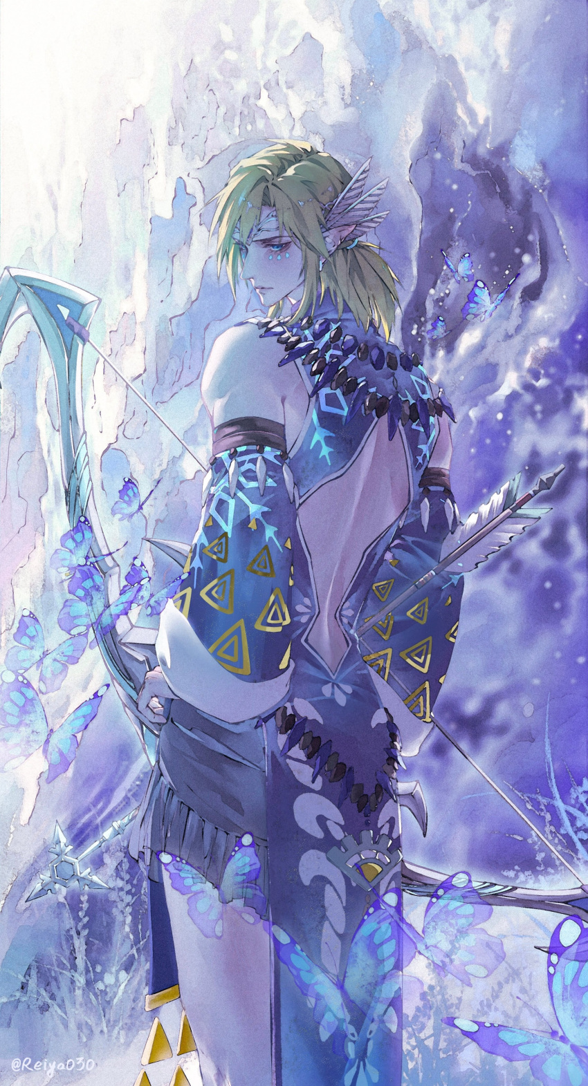 1boy absurdres aqua_eyes bare_shoulders blue_butterfly bow_(weapon) bug butterfly cowboy_shot detached_sleeves earrings facial_mark facing_away feather_hair_ornament feathers hair_between_eyes hair_ornament highres holding holding_bow_(weapon) holding_weapon jewelry link looking_back low_ponytail male_focus medium_hair outdoors pointy_ears reiya030 sidelocks solo the_legend_of_zelda the_legend_of_zelda:_tears_of_the_kingdom twitter_username weapon