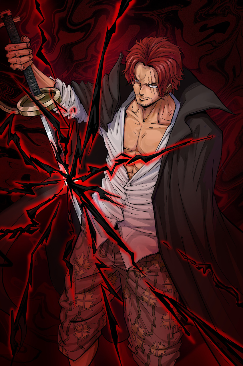 1boy absurdres black_coat closed_mouth coat commentary_request english_commentary facial_hair highres holding holding_sword holding_weapon male_focus mixed-language_commentary one_piece redhead scar scar_across_eye scar_on_face shanks_(one_piece) shirt short_hair solo sword weapon white_shirt zahappyface