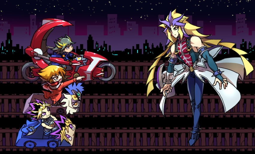 4boys black_hair black_tank_top blonde_hair blue_eyes blue_footwear blue_jacket blue_pants boss_fight bracelet brown_eyes brown_hair cape chain_necklace chibi city cityscape commentary crossed_arms d-wheel deltarune detached_sleeves determined driving duel_disk elbow_pads facial_mark floating fudou_yuusei high_collar highres jacket jewelry knee_pads long_hair looking_at_another marking_on_cheek motor_vehicle motorcycle multicolored_hair multiple_boys mutou_yuugi necklace night night_sky open_mouth outdoors pants paradox_(yu-gi-oh!) pointing pointing_at_another purple_hair railroad_tracks red_jacket roller_coaster serious shirt short_hair shoulder_pads sky skyline sleeveless sleeveless_shirt smile spiked_bracelet spiked_footwear spikes spiky_hair standing streaked_hair studded_armlet tank_top violet_eyes waist_cape wheel white_cape yami_yuugi youko-shima yu-gi-oh! yu-gi-oh!_3d_bonds_beyond_time yu-gi-oh!_5d's yu-gi-oh!_duel_monsters yu-gi-oh!_gx yubel yuuki_juudai