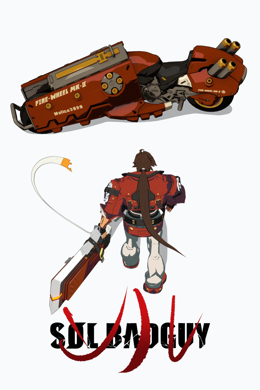 1boy absurdres akira_(manga) akira_movie_poster black_gloves blender_(medium) brown_hair character_name fingerless_gloves gloves guilty_gear guilty_gear_strive highres holding_cannon jacket long_hair male_focus malice3080 muscular muscular_male outrage_mk_ii ponytail poster_parody red_jacket sol_badguy spiky_hair