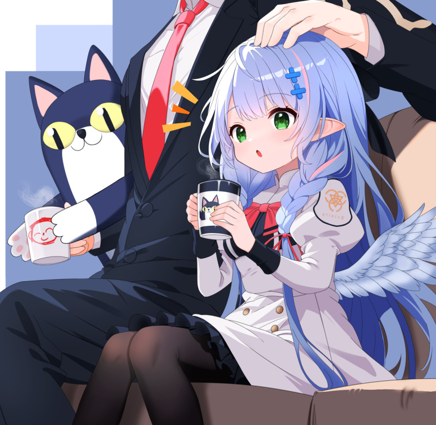 1girl aged_down angel_wings black_pantyhose blue_archive blue_hair bow bowtie braid cup feathered_wings frilled_skirt frills green_eyes head_out_of_frame headpat highres holding holding_cup juliet_sleeves long_sleeves low_twin_braids mine_(blue_archive) multiple_hairpins mutsuse necktie nurse pantyhose pointy_ears puffy_sleeves red_bow red_necktie sensei_(blue_archive) sitting skirt stuffed_animal stuffed_toy suit twin_braids wings