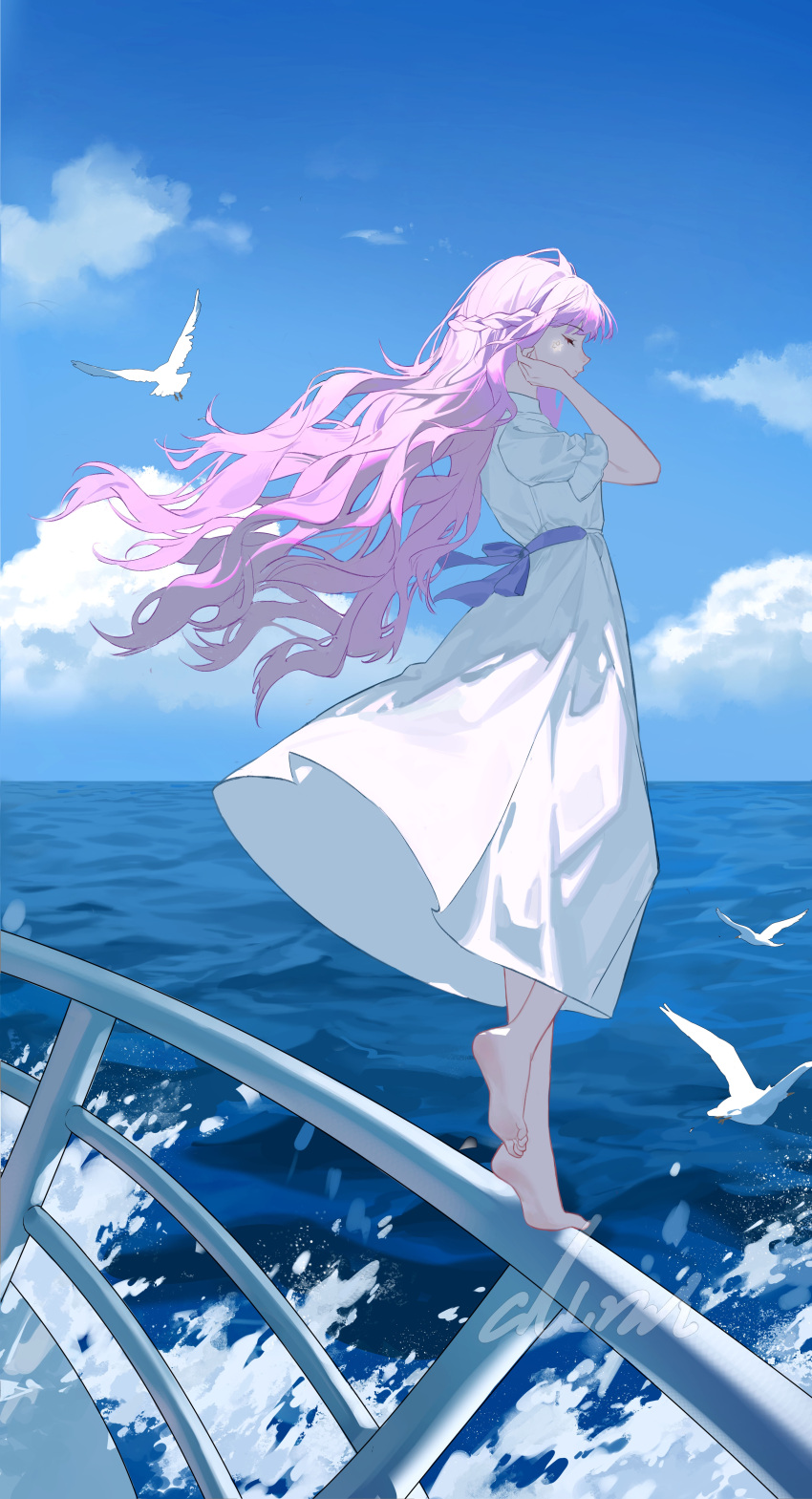 1girl absurdres adjusting_hair barefoot bird blue_ribbon blue_sky braid chinese_commentary closed_eyes clouds collared_dress commentary dress facial_mark from_side full_body glowing_markings half_updo hand_up highres long_dress molianmengdada ocean on_railing original outdoors pink_hair profile railing ribbon short_sleeves side_braid signature sky soles star_(symbol) tiptoes waist_ribbon waves wavy_hair white_bird white_dress wind wind_lift