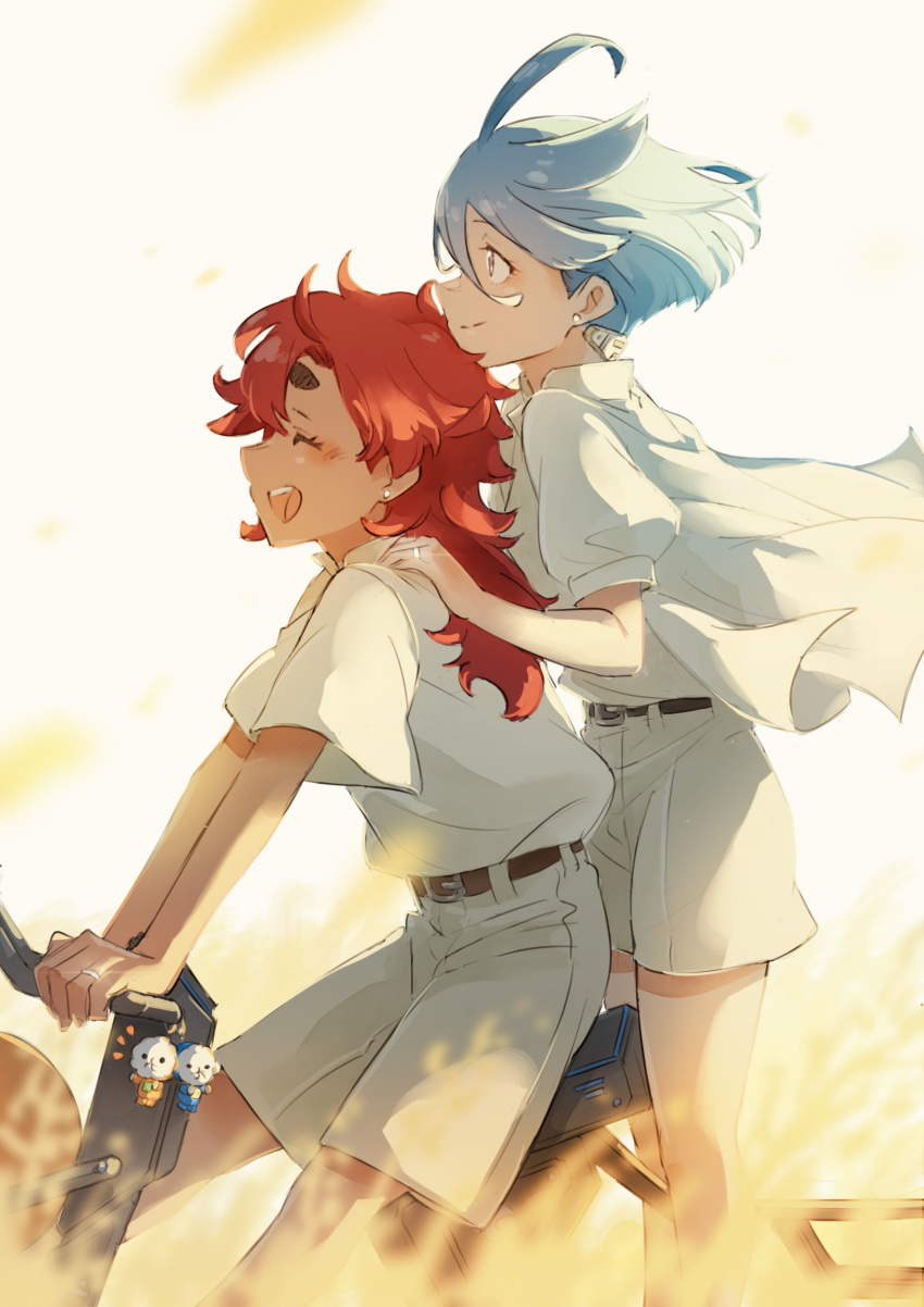 2girls absurdres ahoge belt belt_buckle bicycle blue_hair blurry blurry_foreground buckle closed_mouth commentary_request cool_(gundam_suisei_no_majo) day earrings gundam gundam_suisei_no_majo hand_on_another's_shoulder highres hots_(gundam_suisei_no_majo) jewelry long_hair miorine_rembran multiple_girls open_mouth outdoors profile redhead riding riding_bicycle ring shirt short_hair short_sleeves shorts smile stud_earrings suletta_mercury thick_eyebrows wedding_ring white_background white_shirt white_shorts wife_and_wife yaco_(085) yuri
