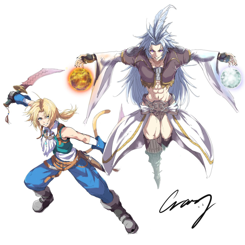 2boys abs aqua_vest ascot belt black_gloves blonde_hair blue_eyes blue_pants boots brown_belt crazy02oekaki cropped_jacket dagger feather_hair_ornament feathers fighting_stance final_fantasy final_fantasy_ix fingerless_gloves fingernails gloves grey_footwear grey_hair grin hair_ornament highres holding holding_dagger holding_knife holding_weapon knife kuja long_fingernails long_hair low_ponytail male_focus midriff monkey_tail multiple_belts multiple_boys navel pants parted_lips shirt short_hair_with_long_locks smile tail teeth thigh_boots thighs violet_eyes waist_cape weapon white_ascot white_background white_shirt wide_sleeves wrist_cuffs zidane_tribal
