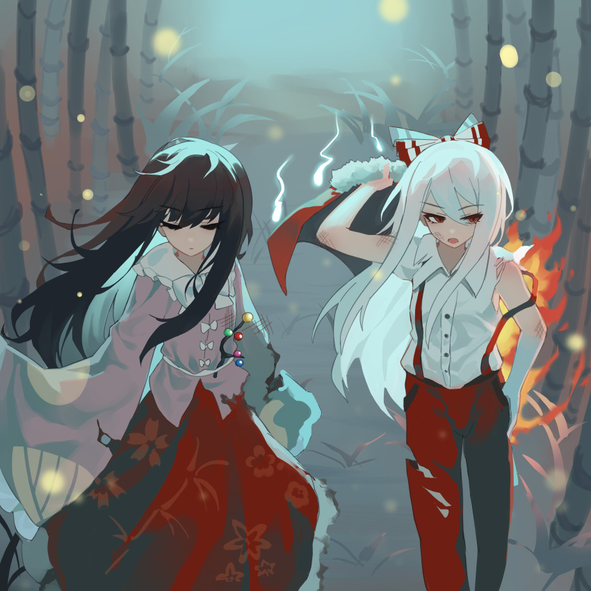 2girls absurdres ailu_elf bamboo bamboo_forest black_hair bow branch closed_eyes closed_mouth collared_shirt forest frilled_sleeves frills fujiwara_no_mokou hair_between_eyes hair_bow highres houraisan_kaguya jeweled_branch_of_hourai long_hair multiple_girls nature open_mouth pants pink_shirt red_eyes red_pants red_skirt shirt skirt sleeves_past_fingers sleeves_past_wrists torn_clothes torn_pants torn_shirt touhou white_bow white_hair white_shirt wide_sleeves