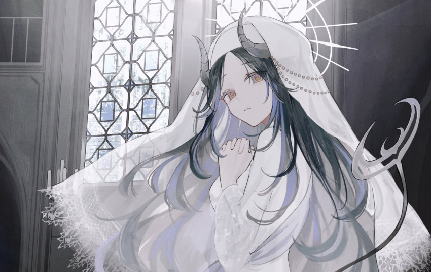1girl black_hair blue_hair brown_eyes coif commentary_request curled_horns demon_girl demon_horns demon_tail dress grey_horns halo hebiyoi_tier hebiyoi_tier_(2nd_costume) highres horns indoors interlocked_fingers long_hair looking_at_viewer looking_to_the_side multicolored_hair nanashi_inc. nun official_art own_hands_together parted_bangs parted_lips railing sinaco solo tail two-tone_hair upper_body virtual_youtuber white_dress white_halo white_headwear window