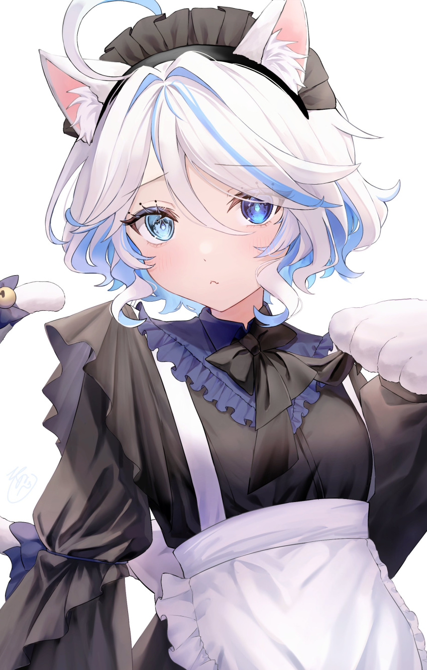 1girl absurdres ahoge animal_ears animal_hands apron black_bow black_bowtie blue_eyes blue_hair blush bow bowtie cat_ears cat_paws cat_tail closed_mouth fake_animal_ears fang furina_(genshin_impact) furrowed_brow genshin_impact hair_between_eyes highres light_blue_hair looking_at_viewer maid maid_apron maid_headdress multicolored_hair nupenupewo short_hair sidelocks simple_background skin_fang solo streaked_hair tail two-tone_hair upper_body white_background white_hair