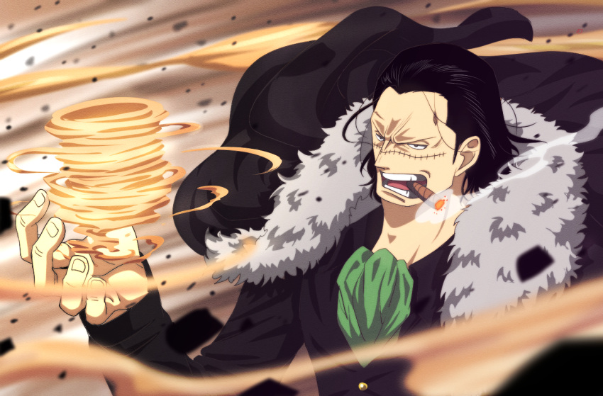 1boy ascot black_eyes black_hair cigar coat commentary_request crocodile_(one_piece) fur-trimmed_coat fur_trim green_ascot male_focus musasabiop one_piece open_mouth sand scar scar_on_face short_hair smoke solo stitches teeth