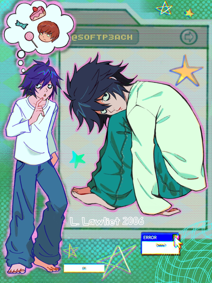 2boys bags_under_eyes barefoot black_hair blue_pants brown_hair candy character_name death_note denim finger_to_own_chin food full_body hair_between_eyes highres jeans l_(death_note) lollipop long_sleeves looking_at_viewer male_focus messy_hair multiple_boys pants parted_lips shirt short_hair sitting softp3ach solo_focus star_(symbol) thought_bubble twitter_username white_shirt yagami_light