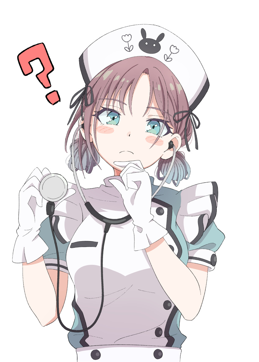 1girl ? absurdres alternate_hairstyle animal_print asakura_toru blue_eyes blue_hair blush brown_hair closed_mouth dot_nose double_bun eitopondo floral_print flower gloves gradient_hair hair_bun hand_on_own_chin hands_up hat highres holding_stethoscope idolmaster idolmaster_shiny_colors looking_at_viewer multicolored_hair nurse nurse_cap parted_bangs print_headwear puffy_short_sleeves puffy_sleeves rabbit_print short_hair short_sleeves simple_background solo tulip two-tone_shirt upper_body white_background white_gloves