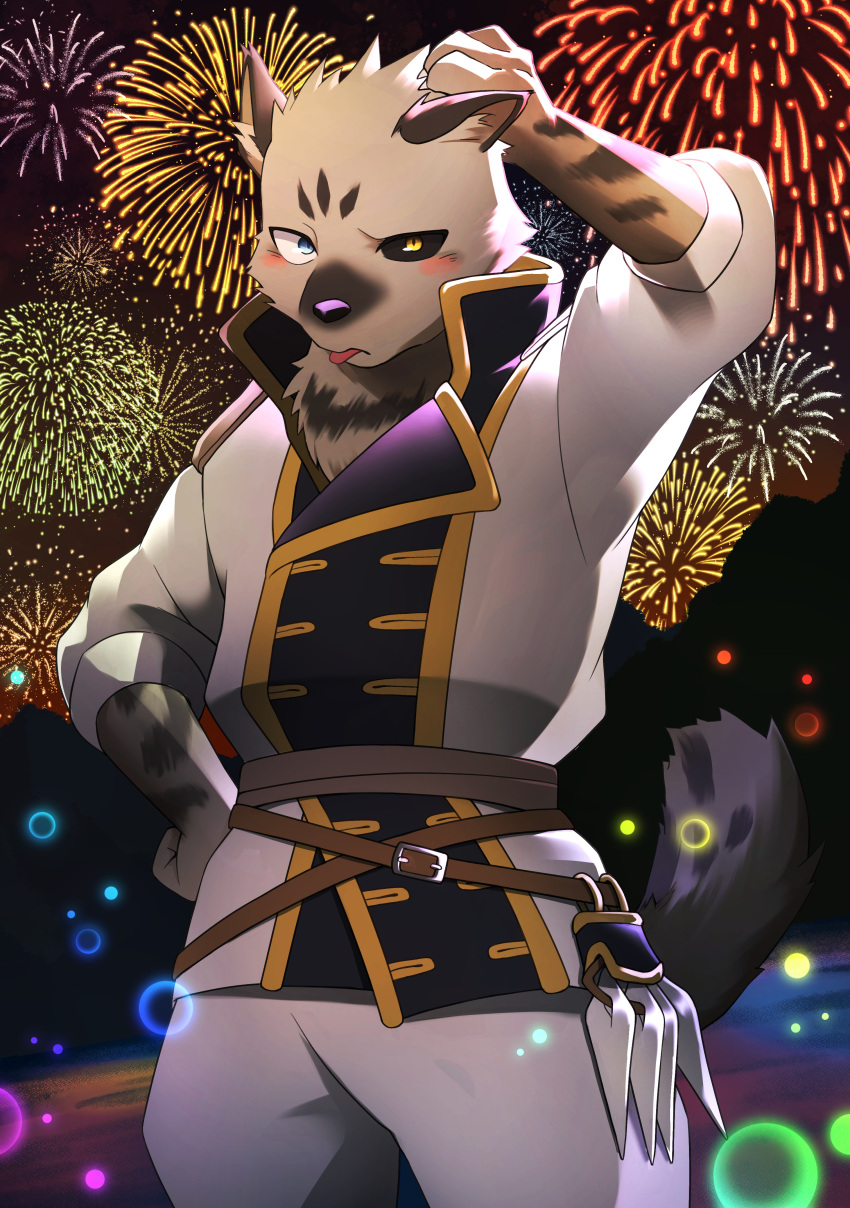 1boy absurdres animal_ears blush cat_boy cat_ears claw_(weapon) claws fireworks furry furry_male hand_on_own_head heterochromia highres kou_(kouga0225) lanteveldt looking_at_viewer male_focus multicolored_eyes niehime_to_kemono_no_ou tail tongue tongue_out weapon